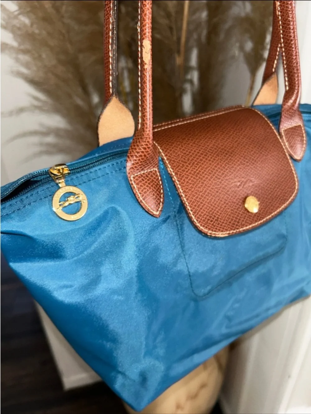 Longchamp Small Tote in Teal with Brown Leather Trim - Picture 3 of 6